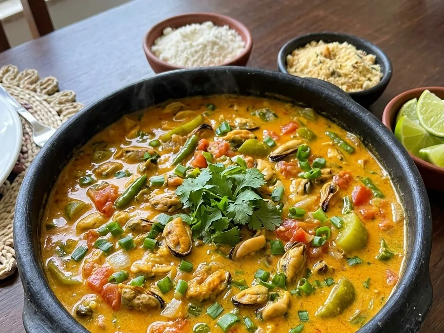 Ensopado de sururu servido em panela de barro, com arroz, farofa e limão