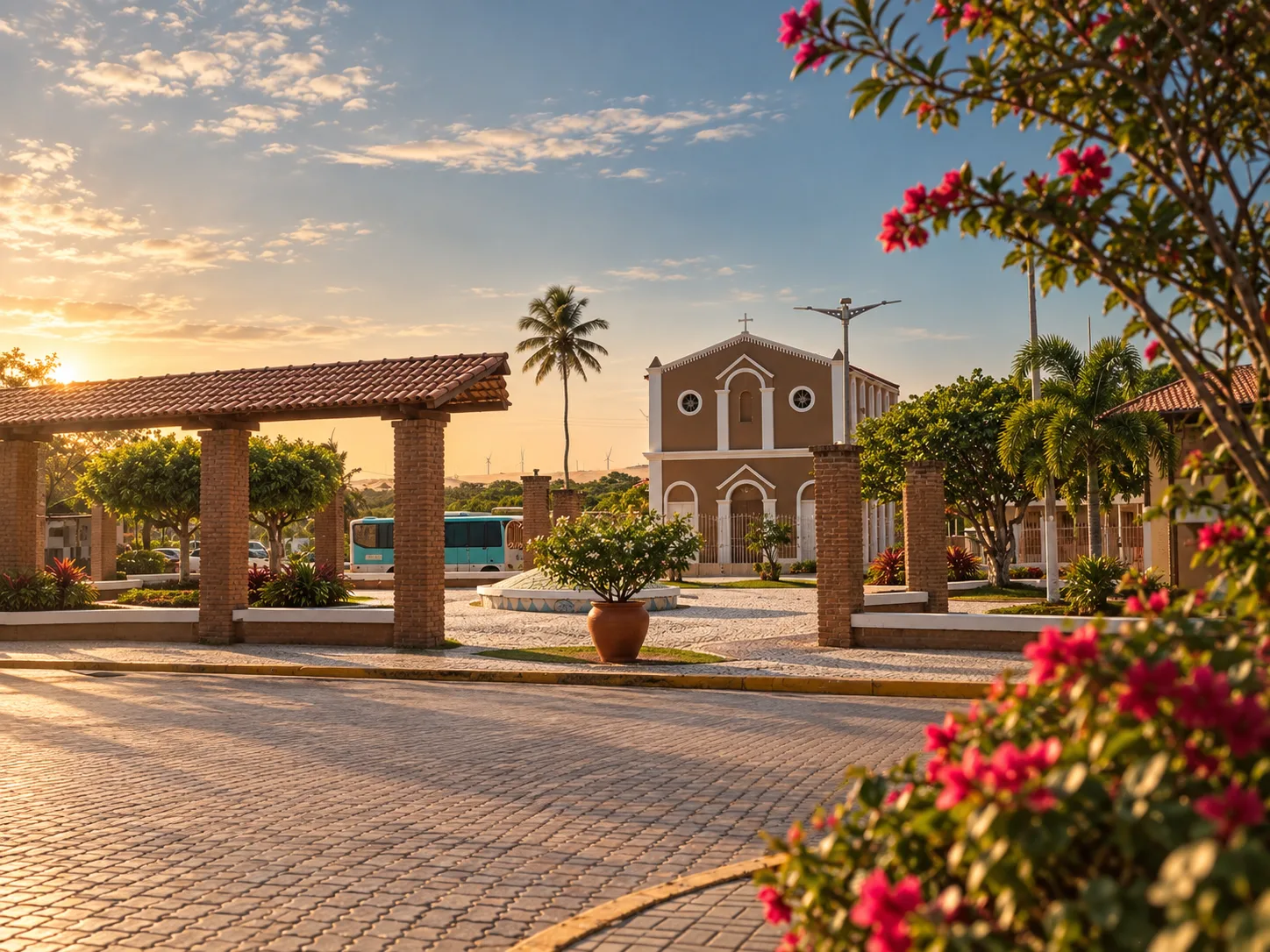 Igreja Matriz de Fortim ao entardecer, vista da praça com pérgolas e flores