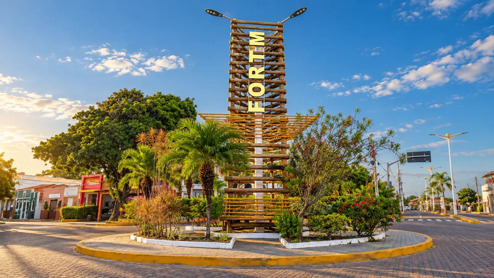 Torre de madeira com o nome FORTIM numa rotatória arborizada