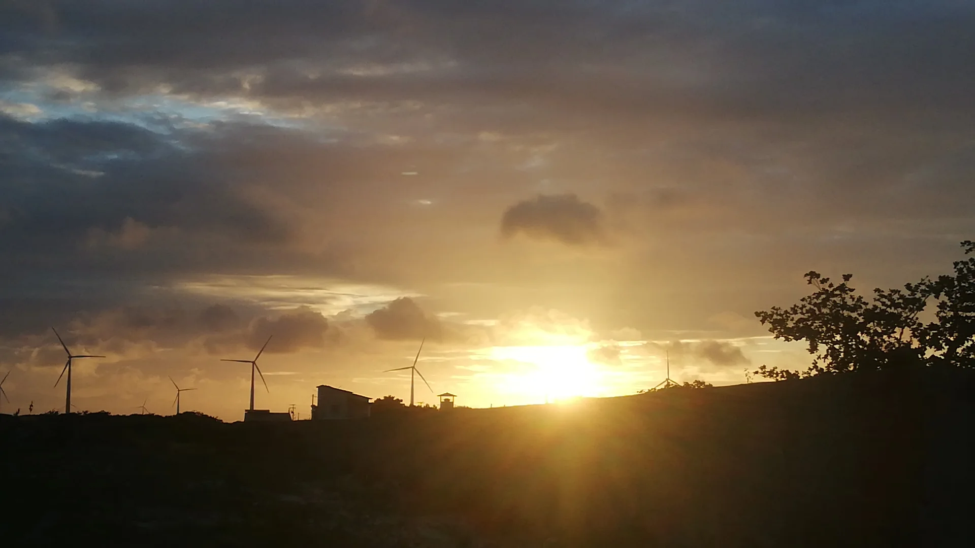 Sol atrás de nuvens, com eólicas e árvores em silhueta